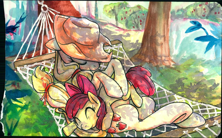 apple_bloom_(mlp) applejack_(mlp) blonde_hair buttercup_saiyan closed_eyes clothing cutie_mark duo earth_pony equid equine female feral food friendship_is_magic fruit hair hammock hasbro hat headgear headwear horse mammal mixed_media my_little_pony outside painting_(artwork) pen_(artwork) plant pony quadruped red_hair relaxing sibling_(lore) sister_(lore) sisters_(lore) size_difference sleeping tail traditional_media_(artwork) tree watercolor_(artwork) wood young young_feral