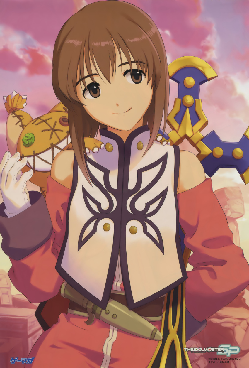 absurdres anise_tatlin anise_tatlin_(cosplay) annindoufu_(oicon) bob_cut brown_eyes brown_hair company_connection cosplay detached_sleeves female gloves hagiwara_yukiho highres idolmaster idolmaster_(classic) official_art scan short_hair smile solo tales_of_(series) tales_of_the_abyss tokunaga_(tales)