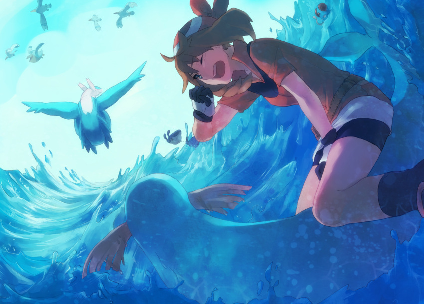 bad_id bad_pixiv_id bandana bike_shorts brown_hair female gloves hat holding latios may_(pokemon) nature ocean open_mouth pelipper pokemon pokemon_(creature) pokemon_rse riding riding_pokemon saku_nosuke sealeo smile swimming tentacool wailmer water