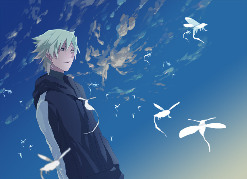 1boy aqua_hair arms_at_sides bad_id bad_pixiv_id blue_sky bug cloud creature crest_worm day dutch_angle fate/zero fate_(series) heterochromia hinatsu hood hood_down long_sleeves looking_away male_focus matou_kariya parted_lips photoshop_(medium) sky smile solo turtleneck upper_body white_hair