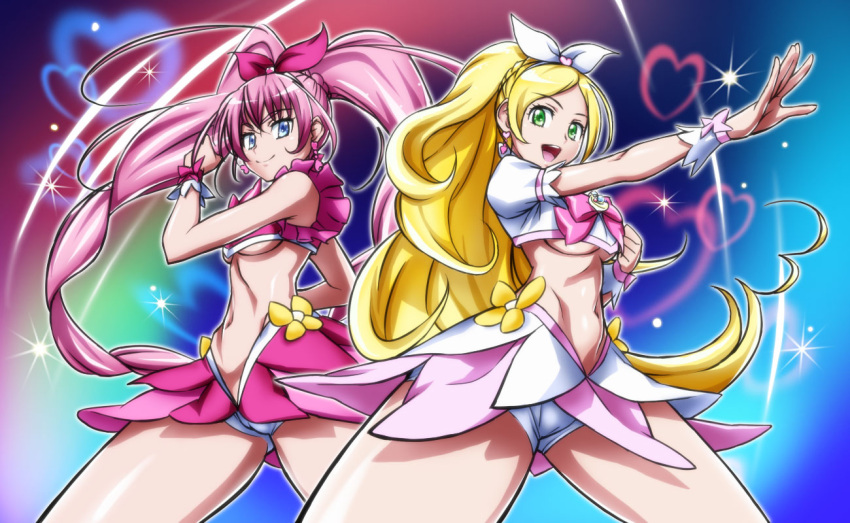 2girls adapted_costume blonde_hair bow breasts brooch commentary_request cure_melody cure_rhythm green_eyes hajime_(caramel_toone) heartcatch_precure! houjou_hibiki in-franchise_crossover jewelry long_hair magical_girl medium_breasts midriff minamino_kanade multiple_girls navel panties pink_bow pink_hair precure skirt smile suite_precure twintails underboob underwear white_panties