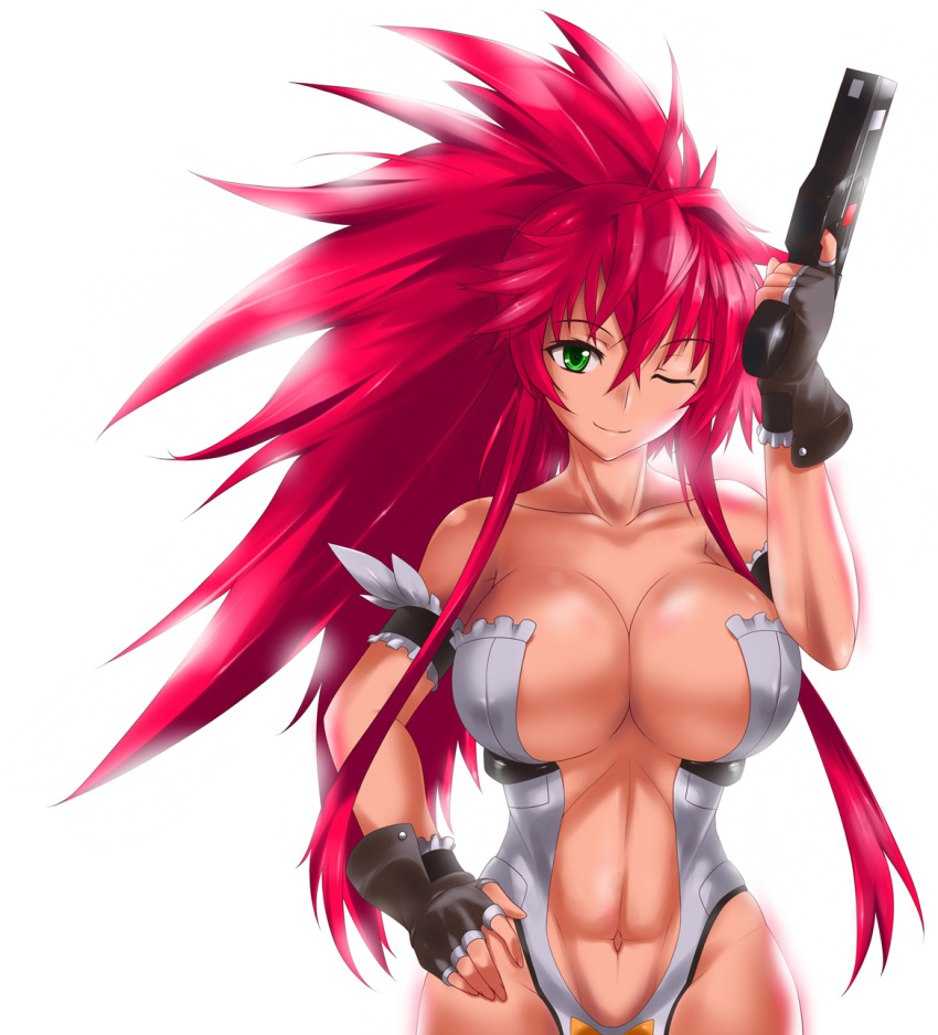 abs breasts center_opening cleavage commentary_request covered_nipples female fingerless_gloves gloves green_eyes gun hand_on_own_hip highres himeki_luna huge_breasts long_hair looking_at_viewer midriff muscular navel nishiumi_yuuta one_eye_closed partial_commentary photoshop_(medium) ponytail red_hair revealing_clothes simple_background solo spiked_hair stomach vanguard_princess weapon white_background