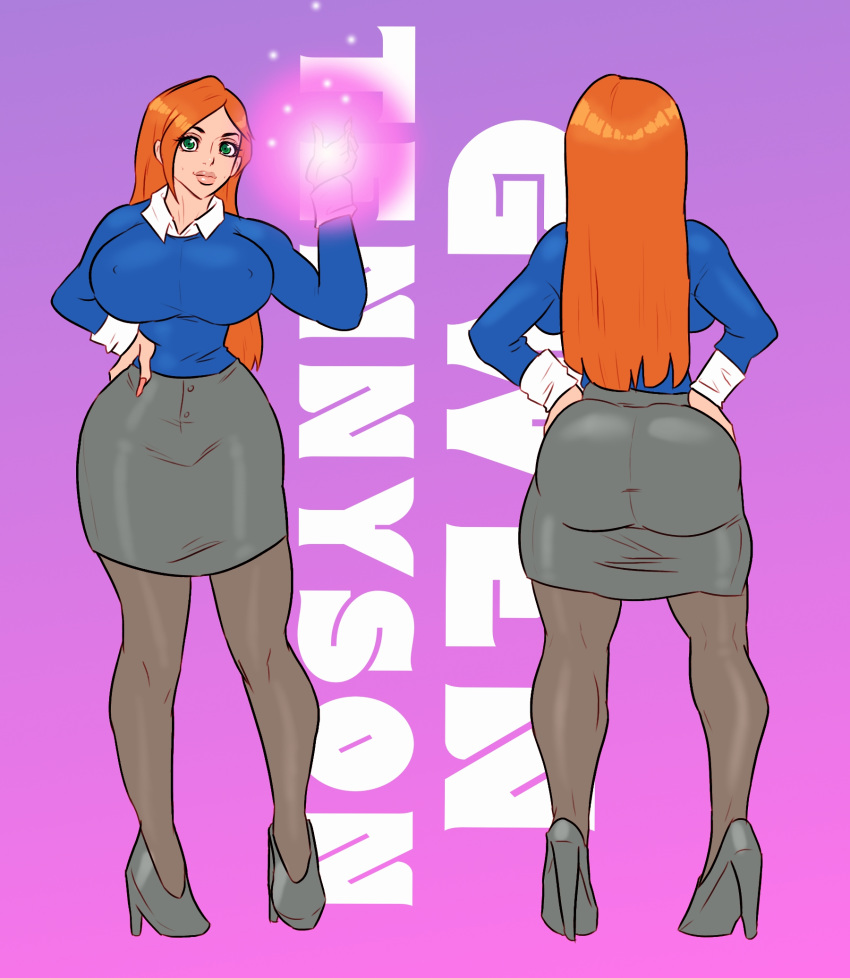 1girls ass ben_10 ben_10_alien_force big_ass big_breasts bimbo breasts dat_ass female female_only gwen_tennyson high_heels human jay-marvel nail_polish orange_hair pantyhose skirt solo