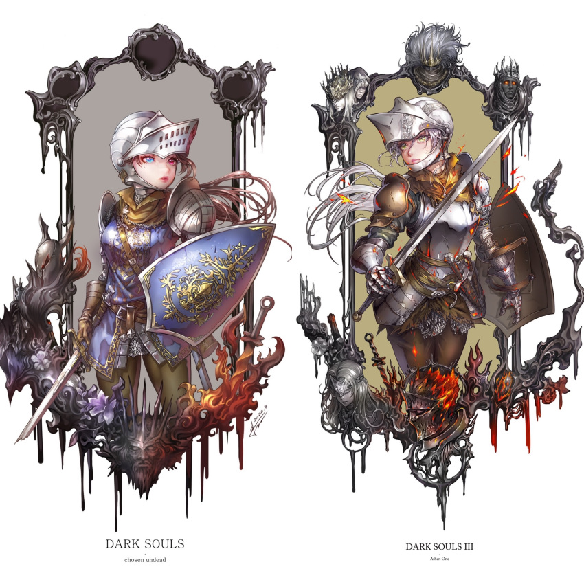 3girls arm_at_side armor artorias_the_abysswalker ashen_one_(dark_souls_3) belt black_knight_(dark_souls) blonde_hair blue_eyes breastplate breasts broken broken_sword broken_weapon brown_gloves brown_hair brown_pants character_name chosen_undead commentary copyright_name cowboy_shot cropped_legs dark_souls_(series) dark_souls_i dark_souls_iii dated embers eye_mask fire fire_keeper floating_hair flower full_armor gauntlets gloves glowing glowing_eyes greaves green_eyes grey_hair gwyn_lord_of_cinder helm helmet heterochromia highres holding holding_shield holding_sword holding_weapon hood hood_up jay_b_lee knight lips long_hair looking_at_viewer looking_to_the_side lorian_(elder_prince) lothric_(younger_prince) medium_breasts multiple_girls nameless_king pants pauldrons red_eyes shield shoulder_armor simple_background soul_of_cinder standing sword weapon white_background yhorm_the_giant