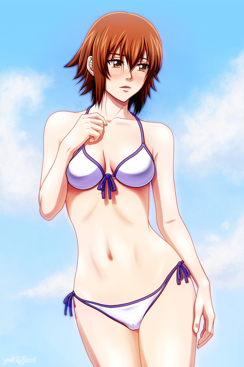 bikini blue_sky breasts brown_eyes brown_hair cleavage closed_mouth collarbone cowboy_shot day female front-tie_bikini_top front-tie_top grand_blue hair_between_eyes halterneck highres kotegawa_chisa medium_breasts navel purple_ribbon ribbon short_hair side-tie_bikini_bottom sky solo standing swimsuit white_bikini yuki0_art