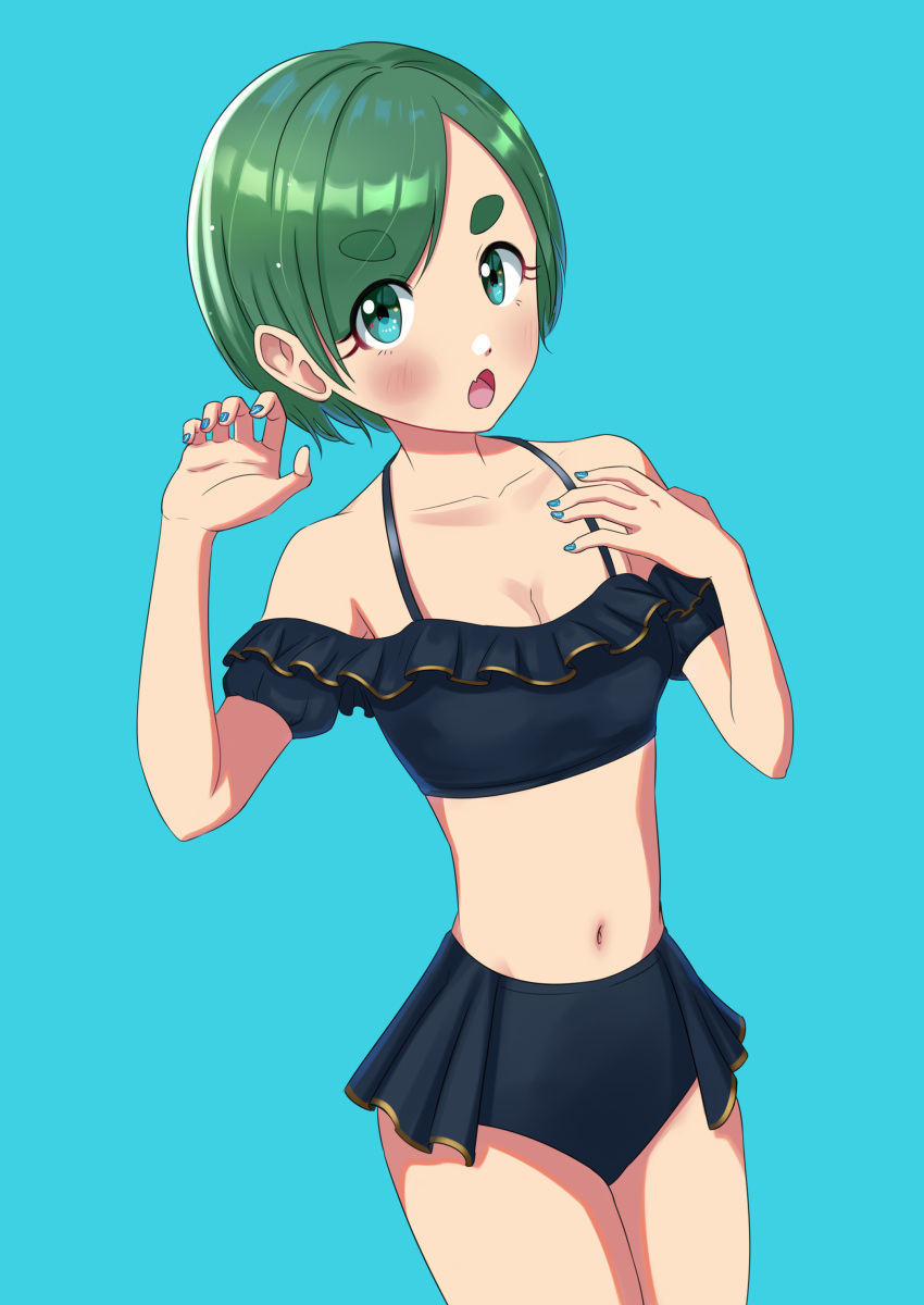 absurdres aqua_background aqua_eyes aqua_nails bikini black_bikini blush breasts cleavage cowboy_shot female futomayu-chan_(sinohira_rin) green_hair hands_up highres looking_at_viewer navel open_mouth original short_hair simple_background sinohira_rin solo swimsuit thick_eyebrows