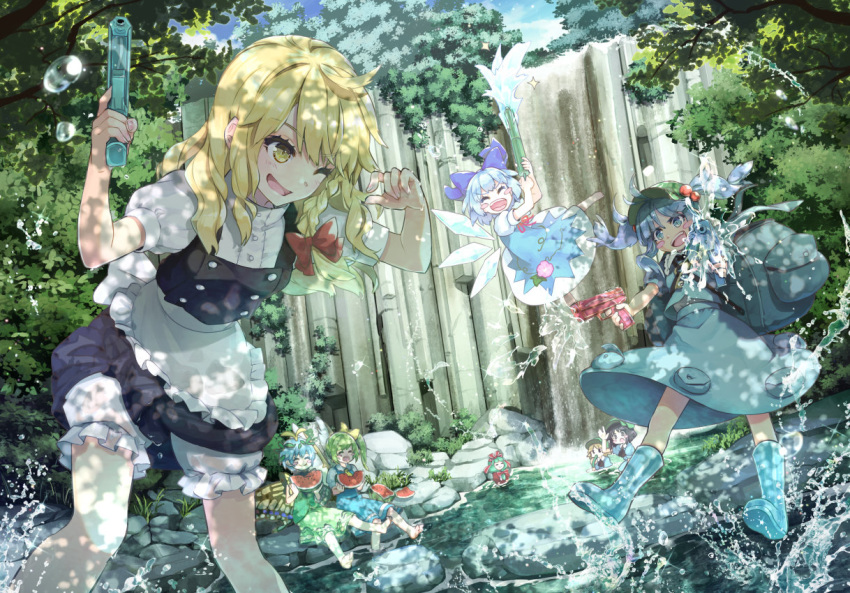 6+girls apron backpack bag barefoot black_skirt blonde_hair bloomers blue_bow blue_dress blue_eyes blue_footwear blue_hair blue_shirt blue_skirt blush_stickers boots bow braid cirno closed_eyes commentary_request daiyousei dappled_sunlight dark_haired_kappa day dress eating eternity_larva flower food fruit genbu_ravine green_hair green_headwear green_skirt hair_bobbles hair_ornament hair_ribbon hair_tie_kappa hairbow hat ice ice_wings kagiyama_hina kappa_mob_(touhou) kawashiro_nitori key kirisame_marisa knee_boots leaf_hair_ornament multiple_girls nature neck_ribbon no_headwear one_eye_closed open_mouth outdoors partially_submerged pocket red_ribbon ribbon rubber_boots shirt short_sleeves side_ponytail single_braid skirt skirt_set soaking_feet splashing sunlight syuri22 touhou tree two_side_up underwear wading water water_gun watermelon waving wings yellow_eyes