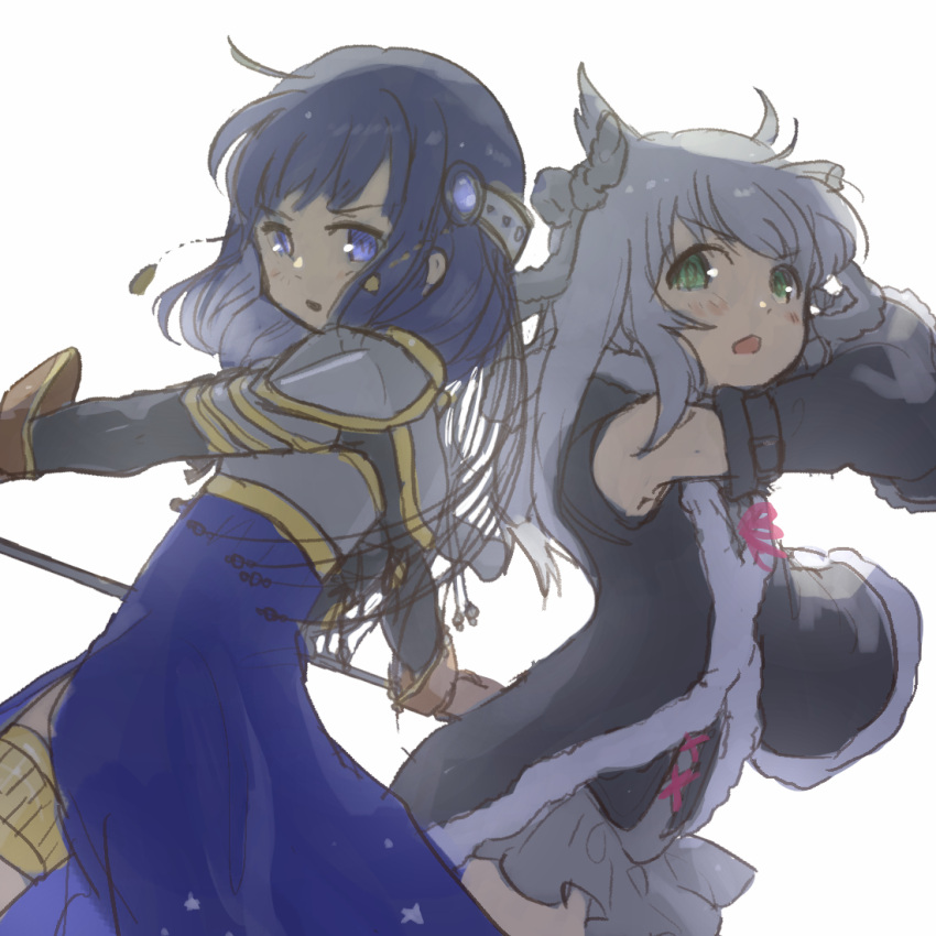 2girls aged_down arm_up armor azusa_mifuyu azusa_mifuyu_(hajimari_ver.) back-to-back backlighting blue_dress blue_eyes blue_hair commentary_request cross-laced_clothes detached_sleeves dress fighting_stance fur-trimmed_sleeves fur_trim green_eyes grey_hair grey_skirt long_dress long_hair looking_at_viewer looking_back magia_record:_mahou_shoujo_madoka_magica_gaiden magical_girl mahou_shoujo_madoka_magica medium_hair multiple_girls nanami_yachiyo nanami_yachiyo_(hajimari_ver.) official_alternate_hair_length official_alternate_hairstyle pauldrons shoulder_armor side_slit simple_background skirt tassel thighlet un_nm5sy v-shaped_eyebrows white_background