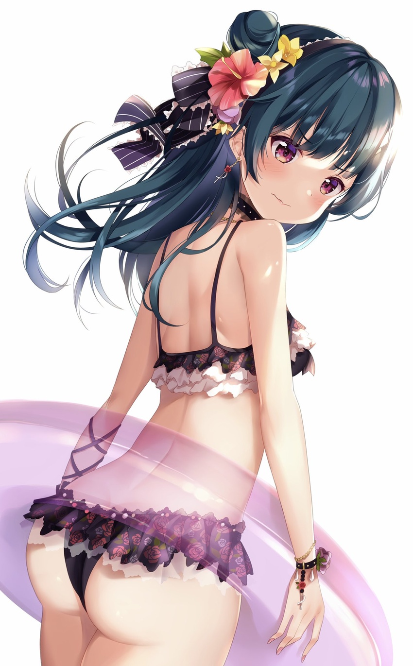 ass bikini black_bikini blue_hair blush cowboy_shot depe earrings female floral_print flower frilled_bikini frills from_behind hair_bun hair_flower hair_ornament highres innertube jewelry looking_at_viewer looking_back love_live! love_live!_sunshine!! purple_eyes rose_print simple_background single_side_bun solo standing swim_ring swimsuit tsushima_yoshiko white_background