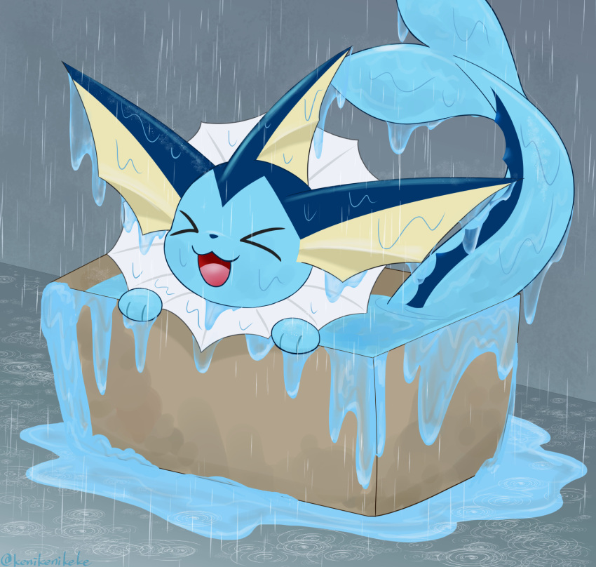 >_< >o< 3_toes ambiguous_gender blue_body blue_nose blue_skin blue_tail box cats_are_liquid closed_eyes colored container daww digital_media_(artwork) dripping ear_fins eeveelution feet feral fin frill_(anatomy) front_view generation_1_pokemon glistening glistening_body glistening_skin goo_creature half-length_portrait happy head_fin hi_res in_box in_container kemono kenikenikeke mammal marine multicolored_body multicolored_skin neck_frill nintendo open_mouth open_smile outside paws pokemon pokemon_(species) portrait quadruped raining smile solo tail tail_fin toes tongue two_tone_body two_tone_skin vaporeon water wet