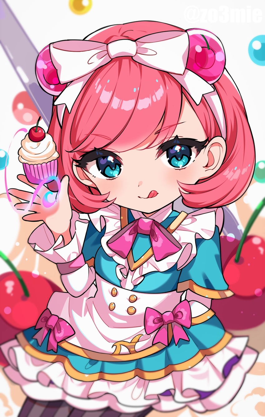 :q annie_(league_of_legends) apron blue_eyes blue_shirt blush bob_cut bow bowtie buttons cafe_cuties_(league_of_legends) cafe_cuties_annie cherry cupcake double-breasted female food fruit hairbow highres holding inuyama_nanami league_of_legends looking_at_viewer medium_hair pantyhose pink_bow pink_bowtie shirt smile solo striped_clothes striped_pantyhose tongue tongue_out waist_apron white_apron white_bow