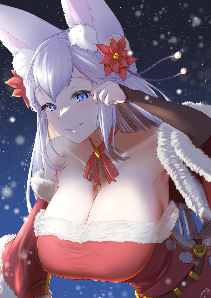 animal_ears blue_eyes breasts christmas cleavage dress erune female flower fox_ears fur_trim gollizo granblue_fantasy hair_flower hair_ornament highres large_breasts long_hair santa_dress smile snow societte_(granblue_fantasy) white_hair