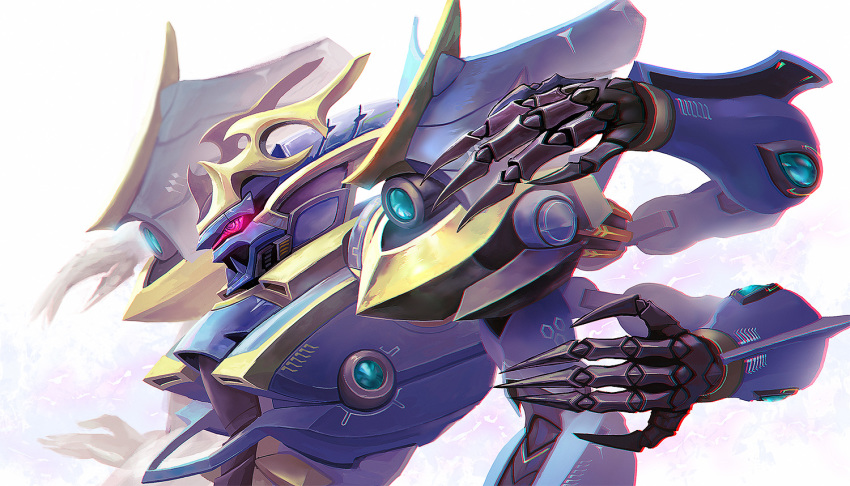 chromatic_aberration close-up extra_arms from_side glowing glowing_eye ikaruga_(knight's_&_magic) knight's_&_magic mecha no_humans open_hands pink_eyes robot solo tsutamine_tomori