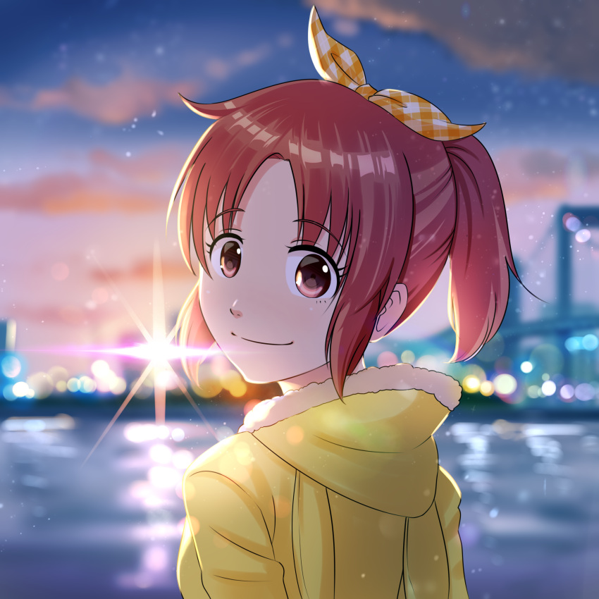 abe_nana blurry blurry_background brown_eyes brown_hair cloud cloudy_sky female from_behind highres hood hood_down idolmaster idolmaster_cinderella_girls idolmaster_cinderella_girls_starlight_stage jacket looking_at_viewer looking_back outdoors parted_bangs sidelocks sinohira_rin sky smile solo upper_body yellow_jacket