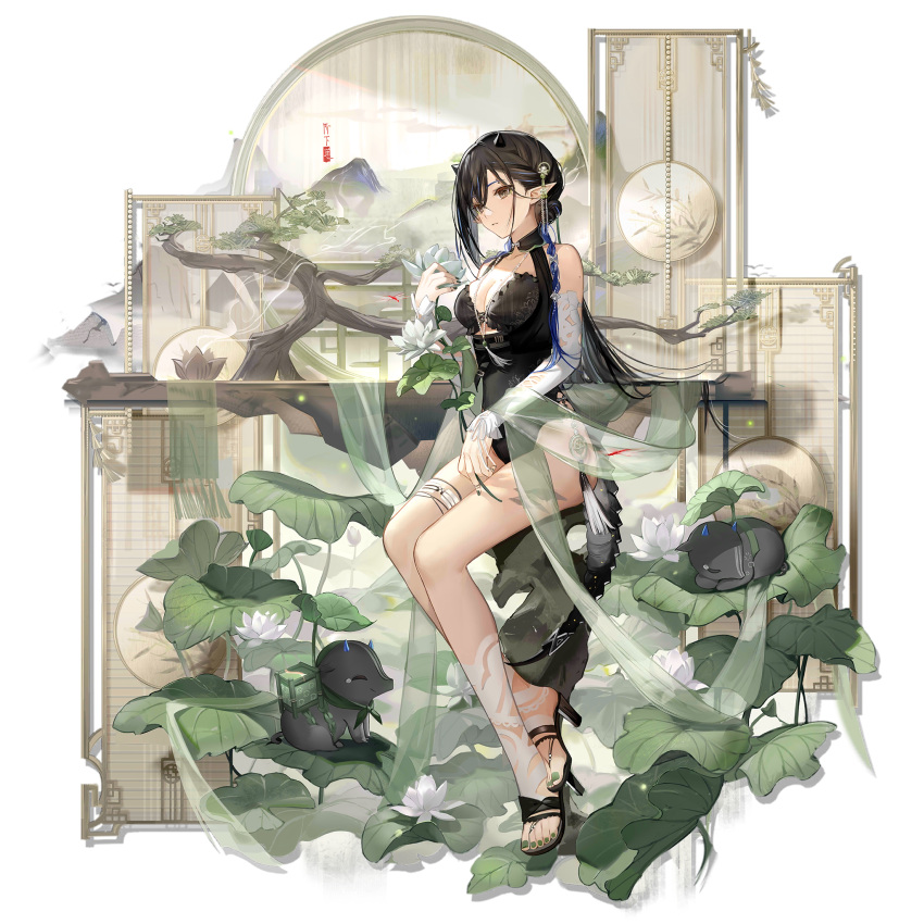 animal arknights black_footwear black_hair black_one-piece_swimsuit blacknight_(arknights) blacknight_(summer_flower)_(arknights) blue_hair bonsai braid breasts casual_one-piece_swimsuit cleavage copyright_name detached_sleeves female flower full_body game_cg green_nails grey_background hand_up high_heels highres horns leaf lotus medium_breasts multicolored_hair nail_polish non-web_source official_art one-piece_swimsuit plant pointy_ears simple_background sitting solo sprite streaked_hair swimsuit thigh_strap toenail_polish toenails transparent_background wenquangua white_flower white_sleeves yellow_eyes