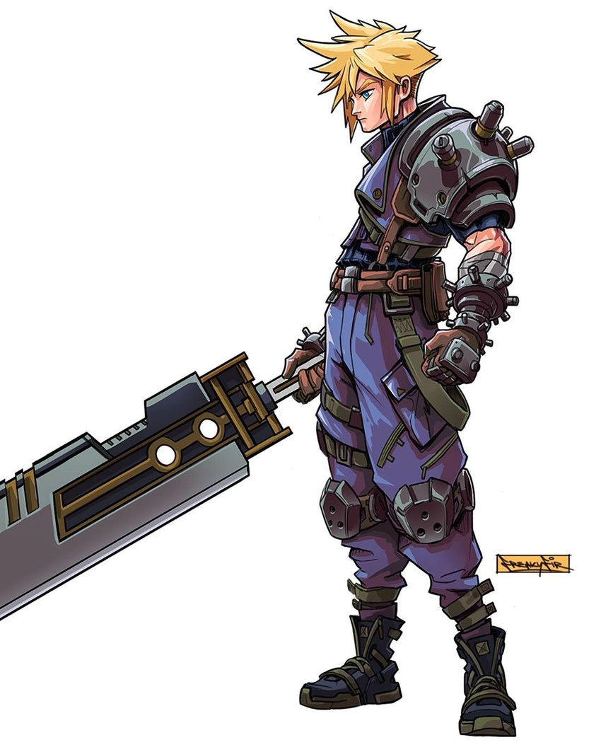 1boy artist_name blonde_hair blue_eyes buster_sword clenched_hand cloud_strife english_commentary final_fantasy final_fantasy_vii freakyfir highres holding holding_sword holding_weapon looking_down male_focus redesign solo sword weapon white_background