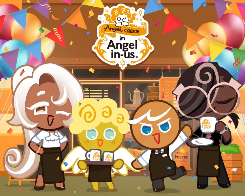 5:4 ambiguous_gender angel angel_cookie_(cookie_run) anonymous_artist apron balloon beverage black_bottomwear black_clothing black_pants blonde_hair blue_eyes blue_necktie bottomwear brown_body brown_hair brown_skin clock closed_eyes clothing coffee confetti container cookie cookie_run cup dark_body dark_skin dessert digital_media_(artwork) english_text espresso_cookie_(cookie_run) eyewear feathered_wings feathers female flag food food_creature footwear gesture gingerbrave_(cookie_run) gingerbread_cookie gingerbread_man glasses group hair inflatable kettle latte_cookie_(cookie_run) logo male mug necktie not_furry official_art open_mouth pants plant ponytail round_glasses shirt shoes store text topwear tray unknown_artist watch waving white_clothing white_hair white_shirt white_topwear wings yellow_body yellow_skin