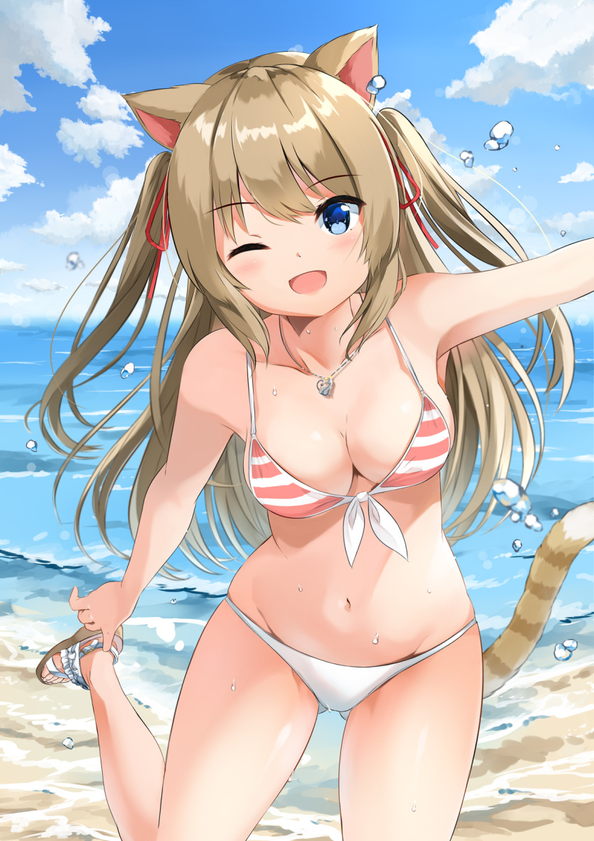 ;d adjusting_footwear animal_ears armpits ass_visible_through_thighs bare_arms bare_shoulders bikini blue_eyes blush breasts brown_footwear brown_hair cat_ears cat_girl cat_tail cleavage commentary_request day female front-tie_bikini_top front-tie_top groin hair_between_eyes hair_ribbon highres hiyori-chan horizon long_hair medium_breasts navel ocean one_eye_closed open_mouth original outdoors outstretched_arm red_ribbon ribbon sandals smile solo sora_(silent_square) standing standing_on_one_leg string_bikini striped_bikini striped_clothes striped_tail swimsuit tail tail_raised two_side_up very_long_hair water water_drop wet white_bikini