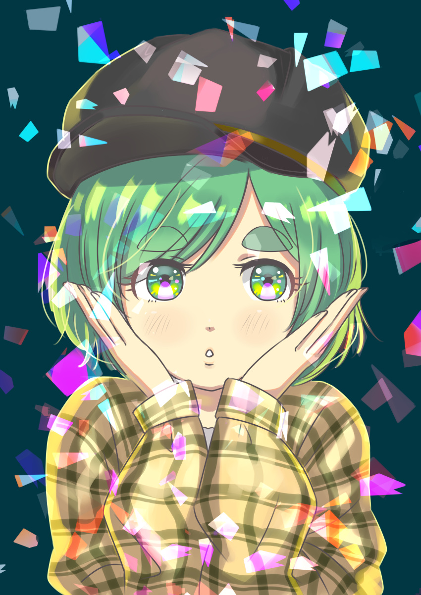 absurdres black_headwear blush confetti female futomayu-chan_(sinohira_rin) green_eyes green_hair hands_up highres long_sleeves original parted_lips plaid short_hair sinohira_rin solo thick_eyebrows upper_body