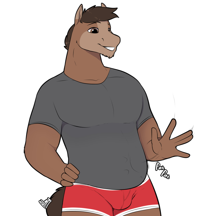 5_fingers absurd_res almy anthro boxer_briefs brick_heartstone bulge clothing digital_media_(artwork) equid equine fingers grey_clothing grey_shirt grey_topwear hair hand_on_hip hi_res horse impact_lines male mammal open_hand patting_belly red_boxer_briefs red_clothing red_underwear shirt signature simple_background slightly_chubby slightly_chubby_anthro slightly_chubby_male smile solo standing text topwear underwear white_background