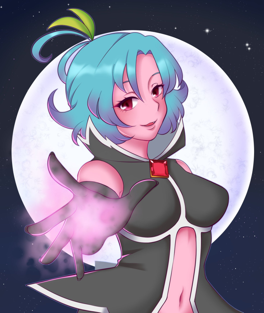 100_percent_orange_juice aura bare_shoulders black_dress black_gloves blue_hair breasts clothing_cutout dress elbow_gloves eyelashes female full_moon gem gloves green_ribbons hair_ribbon highres looking_at_viewer medium_breasts midriff mio_(orange_juice) moon navel navel_cutout oerba_yun_fang open_mouth parted_lips pink_eyes ribbon short_hair sleeveless sleeveless_dress solo stomach takoyan_(takoyaart) upper_body