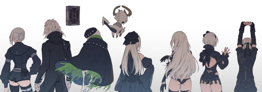 2b_(nier:automata) 3boys 4girls 9s_(nier:automata) a2_(nier:automata) absurdres ariko_k arms_up ass back beret black_dress black_legwear black_panties bow commentary drag-on_dragoon drag-on_dragoon_3 dress emil_(nier) floating from_behind grimoire_weiss hairbow hat highres kaine_(nier) long_hair mikhail_(drag-on_dragoon) multiple_boys multiple_girls nier nier:automata nier_(brother) nier_(series) nier_reincarnation official_alternate_costume panties poncho short_hair thighhighs underwear white_hair zero_(drag-on_dragoon)