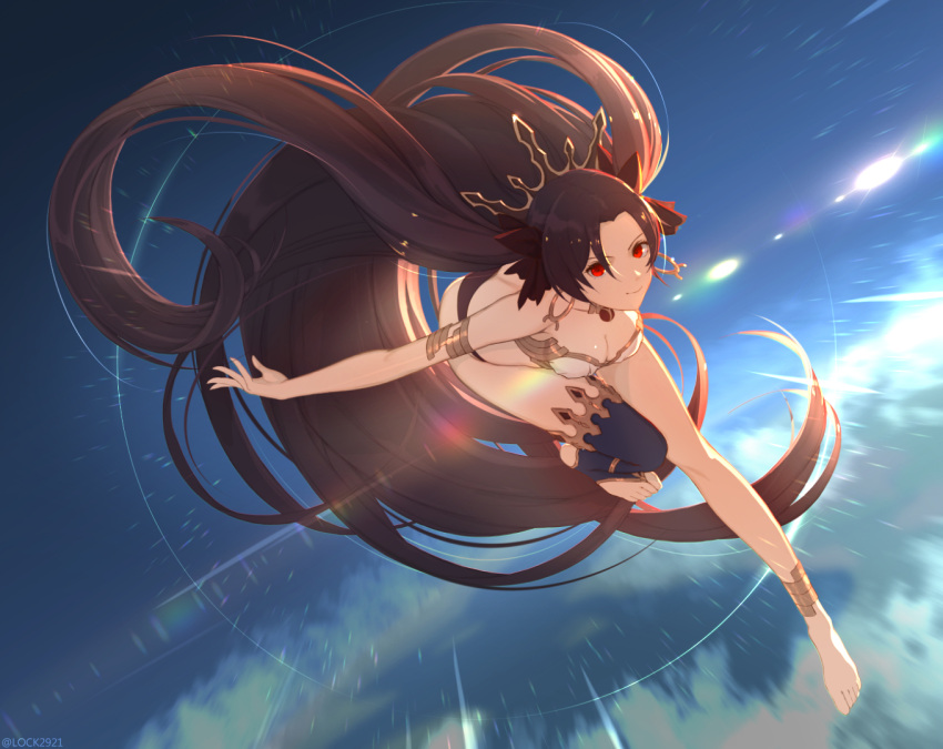 black_hair breasts earrings fate/grand_order fate_(series) female full_body hair_ribbon hoop_earrings ishtar_(fate) jewelry long_hair looking_at_viewer medium_breasts parted_bangs red_eyes ribbon solo tenshin_kagehisa tiara two_side_up