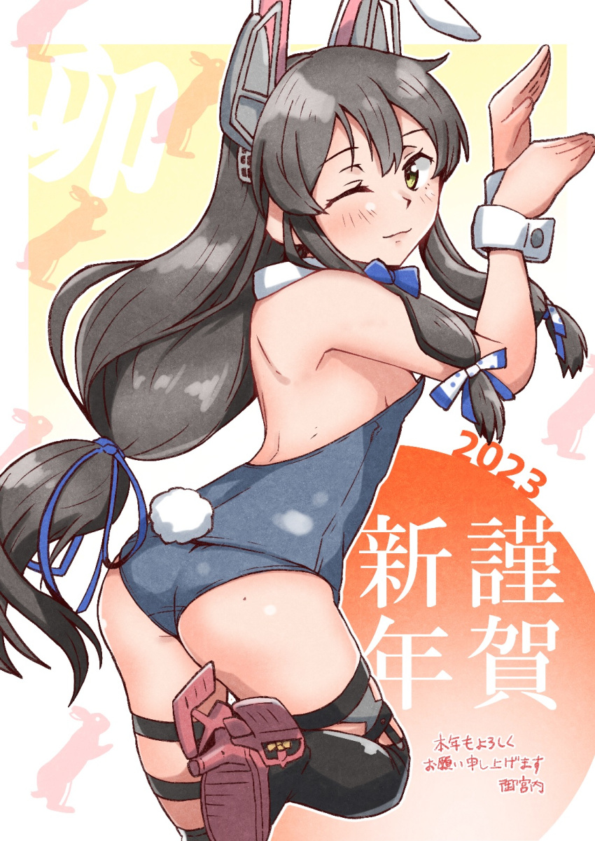 2023 adapted_costume animal_ears black_hair black_thighhighs blue_leotard chinese_zodiac detached_collar fake_animal_ears fake_tail female hair_ribbon headgear highres i-47_(kancolle) kantai_collection leotard long_hair low-tied_long_hair mole mole_on_ass nengajou new_year one_eye_closed onguuchi playboy_bunny rabbit_ears rabbit_tail ribbon sidelocks solo standing standing_on_one_leg strapless strapless_leotard tail thighhighs tress_ribbon wrist_cuffs year_of_the_rabbit yellow_eyes