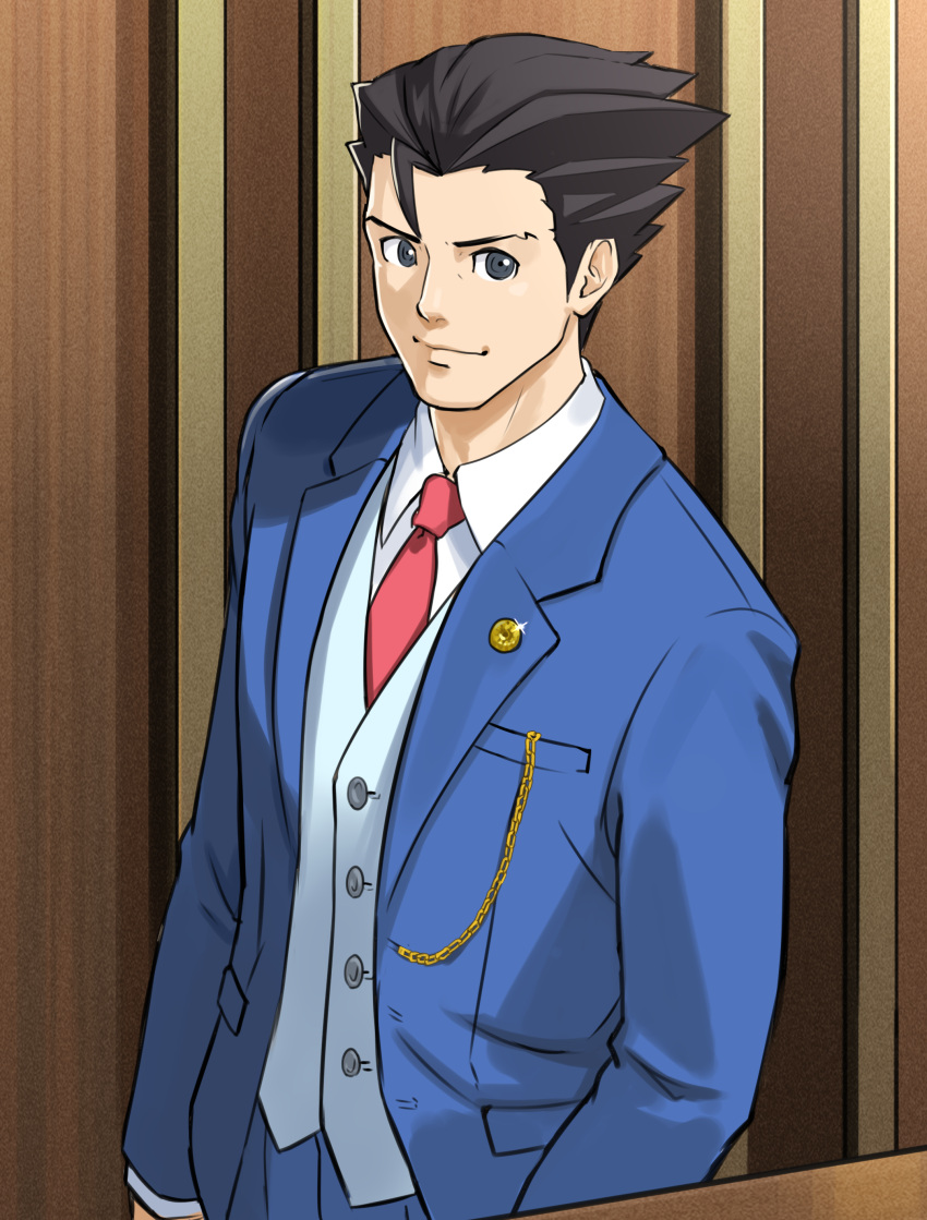 1boy absurdres aqua_vest black_eyes black_hair blue_jacket collared_shirt courtroom glint gyakuten_saiban highres jacket looking_at_viewer male_focus naruhodou_ryuuichi necktie phoenix_wright:_ace_attorney_-_dual_destinies red_necktie shirt short_hair sinohira_rin smile solo upper_body white_shirt