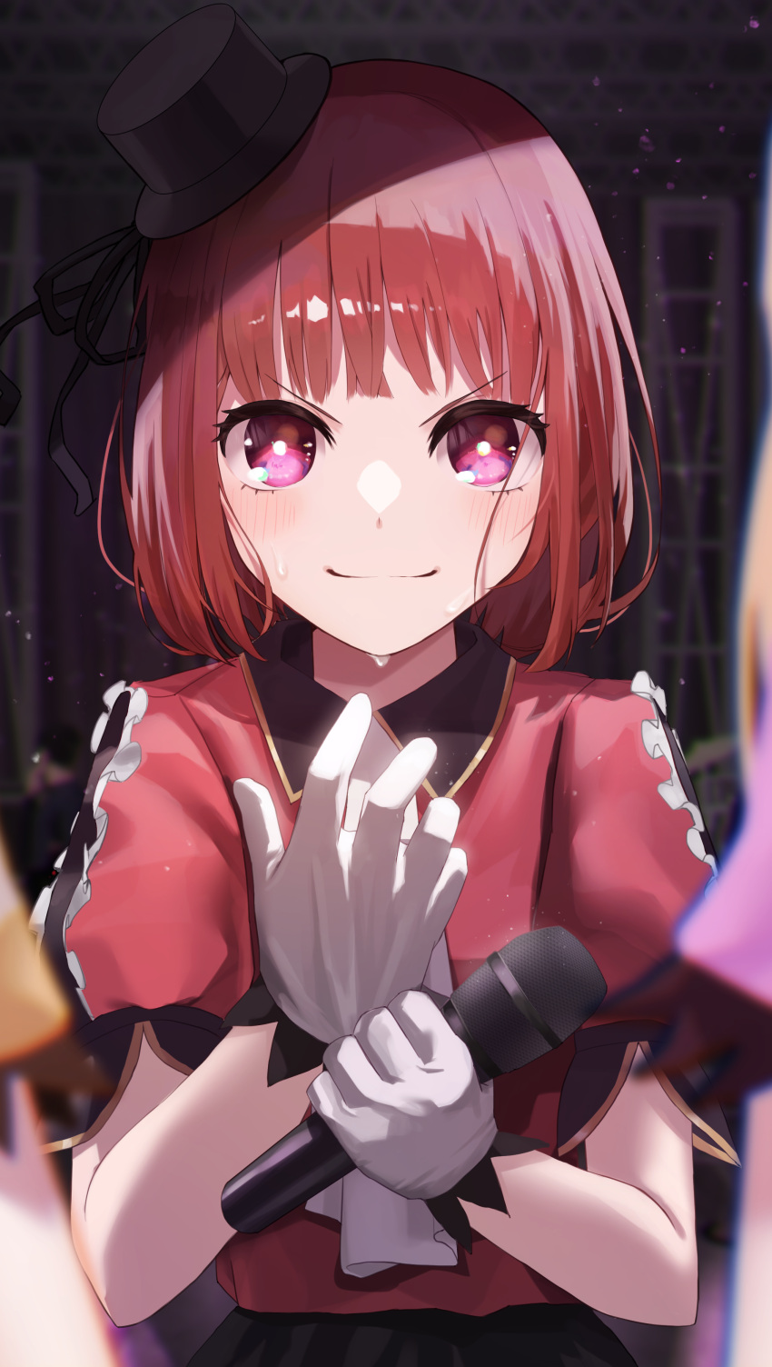 absurdres adjusting_clothes adjusting_gloves arima_kana black_ribbon black_skirt blunt_bangs blurry blurry_background blurry_foreground blush close-up collared_jacket commentary depth_of_field female gloves hat hat_ribbon highres holding holding_microphone idol idol_clothes jacket looking_at_viewer medium_hair microphone mini_hat mini_top_hat oshi_no_ko pink_eyes puffy_short_sleeves puffy_sleeves red_hair red_jacket ribbon shiny_skin short_sleeves skirt smug solo_focus stage sweat tare_negima top_hat upper_body v-shaped_eyebrows white_gloves