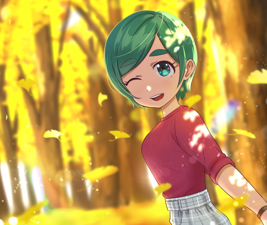 blurry blurry_background dappled_sunlight female futomayu-chan_(sinohira_rin) ginkgo_tree green_eyes green_hair grey_skirt highres looking_at_viewer one_eye_closed open_mouth original outdoors plaid plaid_skirt red_shirt shirt shirt_tucked_in short_hair sinohira_rin skirt smile solo sunlight thick_eyebrows