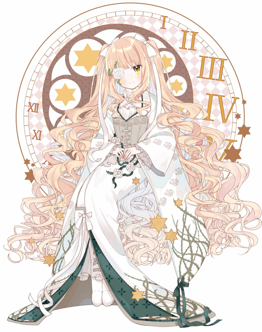 :3 absurdres blonde_hair blush commentary_request corset curly_hair female floral_print flower flower_over_eye full_body hair_ribbon hexagram highres japanese_clothes kakami_(pixiv7616827) kimono kirakishou lolita_fashion long_hair long_sleeves looking_at_viewer pantyhose ribbon roman_numeral rose rose_print rozen_maiden shoes simple_background sitting solo thorn_print thorns two_side_up very_long_hair wa_lolita white_background white_flower white_kimono white_ribbon white_rose wide_sleeves yellow_eyes