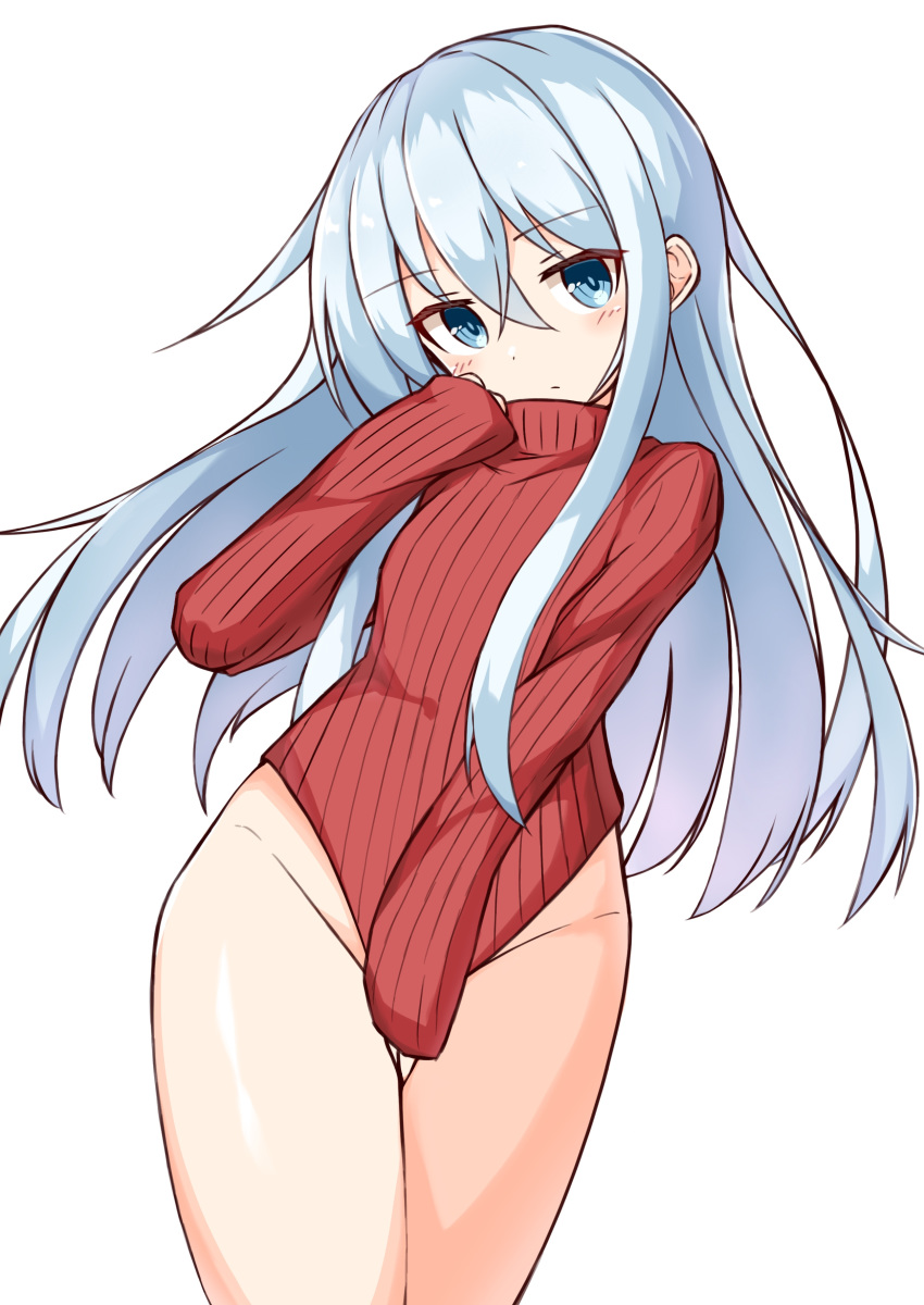 absurdres blue_eyes blue_hair blush closed_mouth commentary_request covering_crotch covering_privates female groin hair_between_eyes hand_up heattech_leotard hibiki_(kancolle) highleg highleg_leotard highres ichi_(ichi.colors) kantai_collection leotard long_hair long_sleeves red_sweater ribbed_sweater simple_background sleeves_past_fingers sleeves_past_wrists solo sweater uniqlo very_long_hair white_background