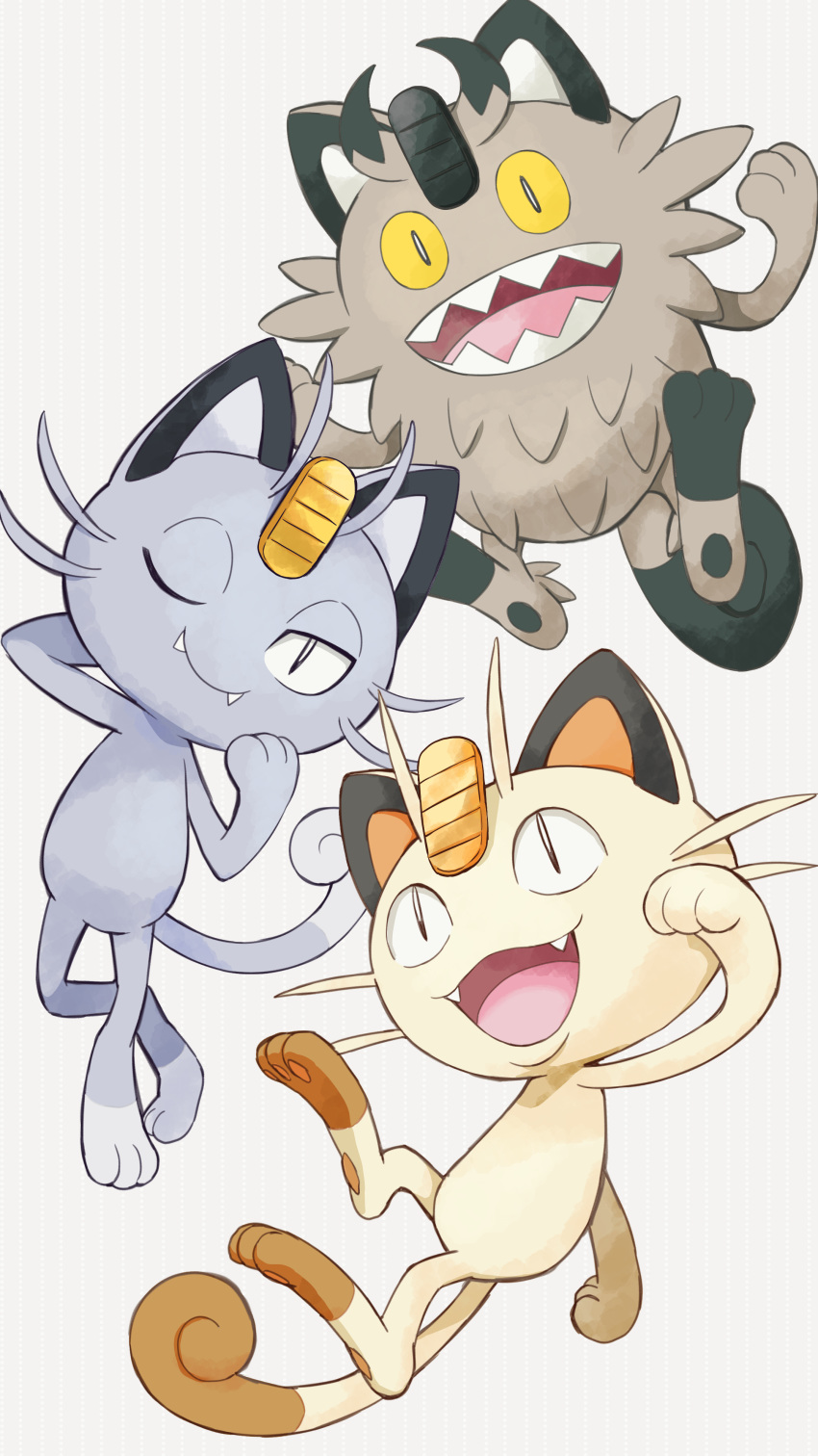 :d ;) absurdres alolan_meowth commentary fang_out full_body galarian_meowth highres looking_at_viewer meowth no_humans oerba_yun_fang one_eye_closed open_mouth pokemon pokemon_(creature) sharumon simple_background slit_pupils smile white_background