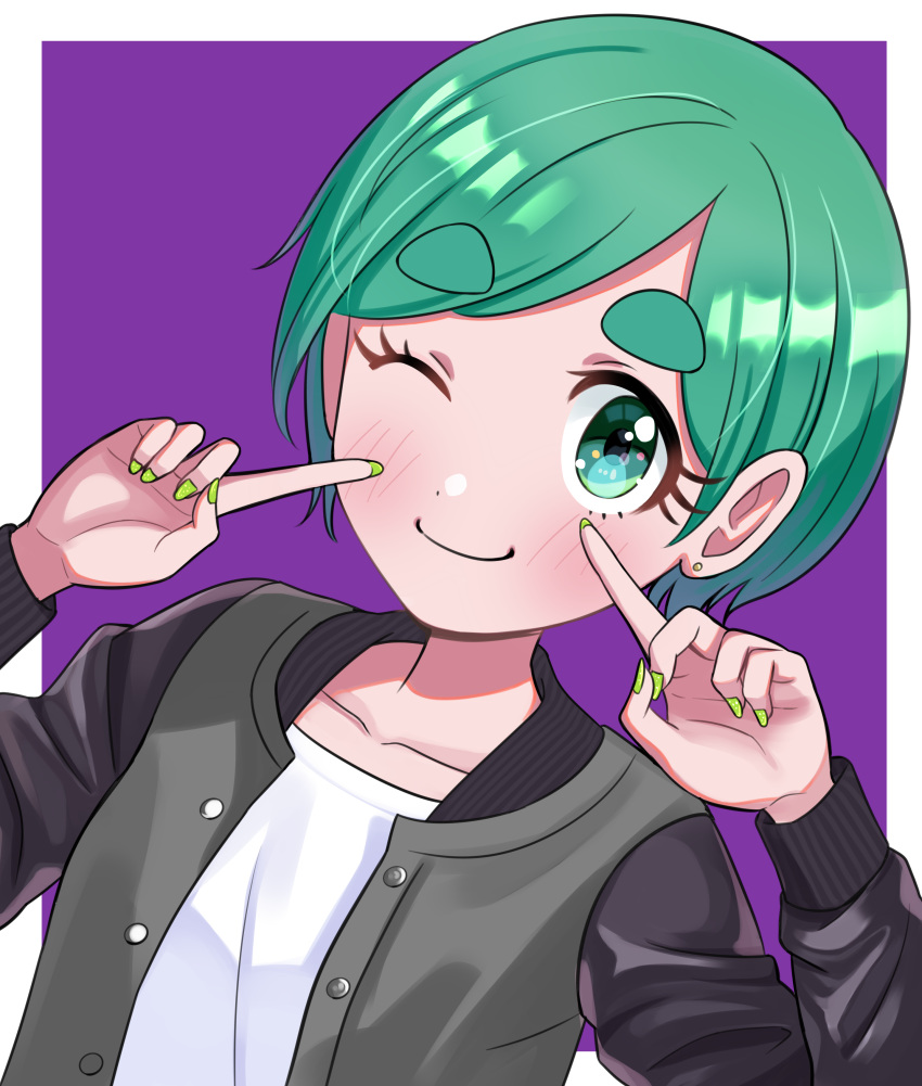 ;) absurdres aqua_eyes black_jacket blush female futomayu-chan_(sinohira_rin) green_hair green_nails highres index_finger_raised jacket long_sleeves looking_at_viewer one_eye_closed original purple_background shirt short_hair sinohira_rin smile solo thick_eyebrows upper_body white_shirt