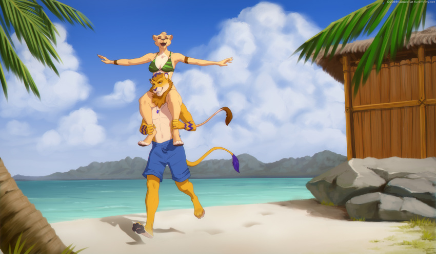 2019 4_toes 5_fingers anthro beach bikini breasts clothed clothing day detailed_background digital_media_(artwork) duo feet felid female fingers lion lunalei male mammal outside pantherine sand seaside shoreline sky swimming_trunks swimwear tail toes water