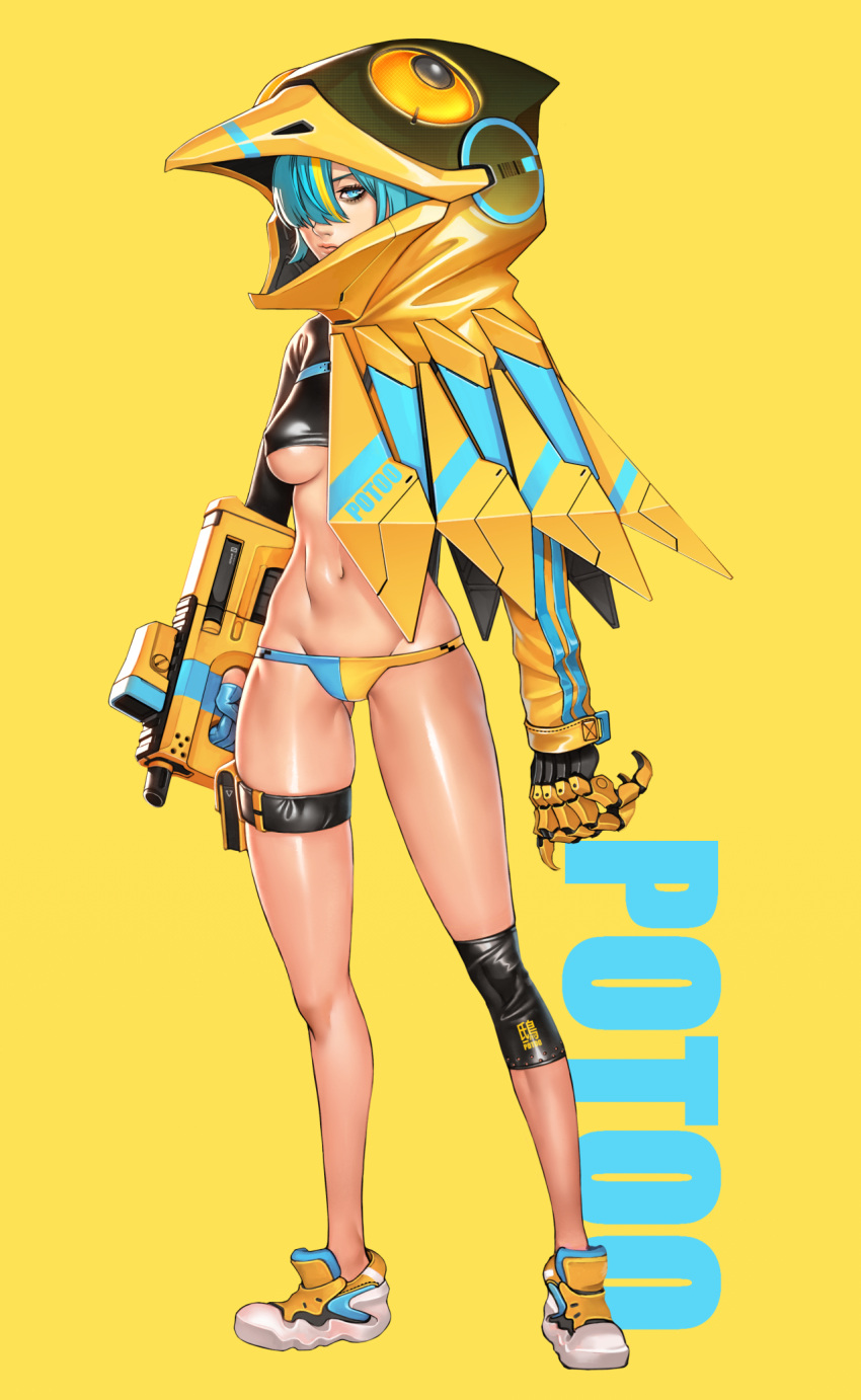 aqua_eyes aqua_hair asymmetrical_clothes bird_hood blonde_hair blue_gloves breasts bullpup commentary_request covered_nipples crop_top cyborg english_text eyelashes female full_body gloves groin gun hair_over_one_eye half_gloves highres holding holding_gun holding_weapon hood hoodie joints knee_pads lips looking_at_viewer lowleg lowleg_panties mechanical_hands mechanical_wings medium_breasts multicolored_footwear multicolored_hair navel nose original panties pouch robot_joints shiny_skin shoes single_glove single_knee_pad single_mechanical_hand skindentation sneakers solo standing streaked_hair thigh_pouch toned two-tone_hair underboob underwear weapon wei_(kaminari0411) white_footwear wings yellow_background yellow_footwear yellow_hoodie