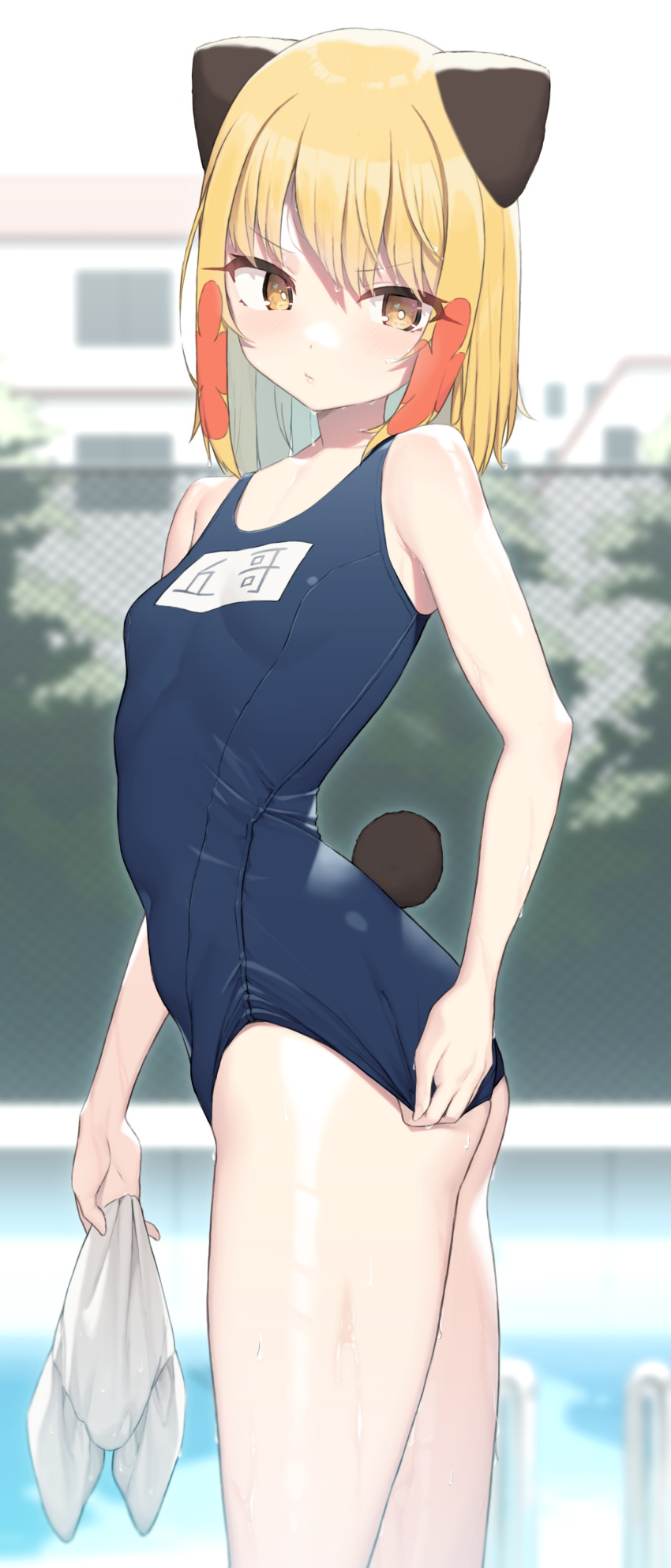 absurdres animal_ears blonde_girl_(cloba) blonde_hair blue_one-piece_swimsuit blurry blurry_background breasts cloba closed_mouth female highres holding medium_hair one-piece_swimsuit original outdoors pool school_swimsuit small_breasts solo standing swimsuit tail thighs twisted_torso wet yellow_eyes