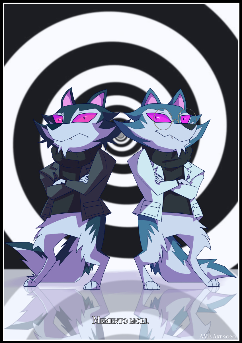 2020 absurd_res anthro bad_billions_(kipo) biped black_border black_nose blue_body blue_fur blue_tail border bottomless brother_(lore) brothers_(lore) canid canine canis charchu_(artist) clothed clothing crossed_arms dreamworks duo eyewear front_view full-length_portrait fur glasses good_billions_(kipo) hi_res kipo_and_the_age_of_wonderbeasts latin_text looking_at_viewer male mammal multicolored_body multicolored_fur netflix portrait purple_sclera sibling_(lore) standing sweater tail text topwear turtleneck two_tone_body two_tone_fur two_tone_tail white_body white_fur white_tail wolf year