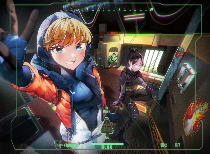 1boy 2girls absurdres animification apex_legends bad_id bad_pixiv_id black_bodysuit black_footwear black_hair black_scarf blue_bodysuit blue_gloves blush bodysuit boots breasts cable commentary crypto_(apex_legends) gloves grey_eyes hack_(apex_legends) hair_behind_ear hair_bun highres hood hood_down hood_up hooded_bodysuit hooded_jacket indoors jacket lightning_bolt_symbol looking_at_viewer medium_breasts multiple_girls nessie_(respawn) nitogebeto orange_jacket scar scar_on_cheek scar_on_face scarf single_hair_bun sitting smile squatting symbol-only_commentary v viewfinder wattson_(apex_legends) white_bodysuit white_jacket world's_edge wraith_(apex_legends)