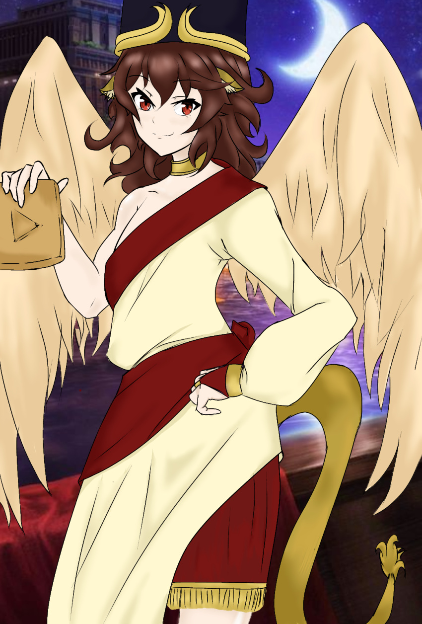 animal_ears arabian_clothes bad_source brown_hair female hat highres lamassu lion lion_ears lion_tail long_hair red_eyes self-upload solo sumerian_mythology tail wings