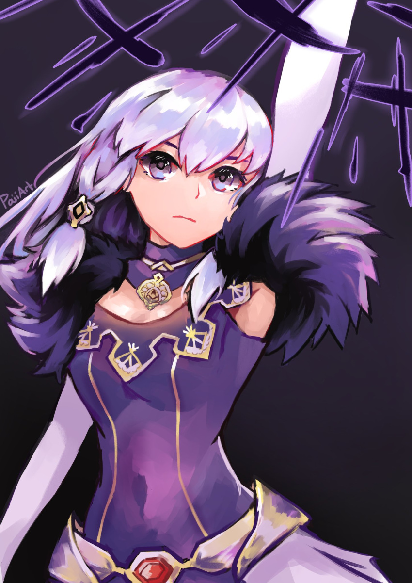 arm_up armpits belt breasts choker closed_mouth colored_inner_hair commentary covered_navel dark_background dress elbow_gloves english_commentary female fire_emblem fire_emblem:_three_houses fur_trim gloves hair_between_eyes hair_ornament highres jewelry light_purple_hair long_hair looking_at_viewer lysithea_von_ordelia lysithea_von_ordelia_(a_new_future) magic multicolored_hair necklace official_alternate_costume paiiart purple_dress purple_eyes serious shadow signature simple_background sleeveless sleeveless_dress small_breasts solo tight_clothes tight_dress two-tone_hair upper_body white_hair