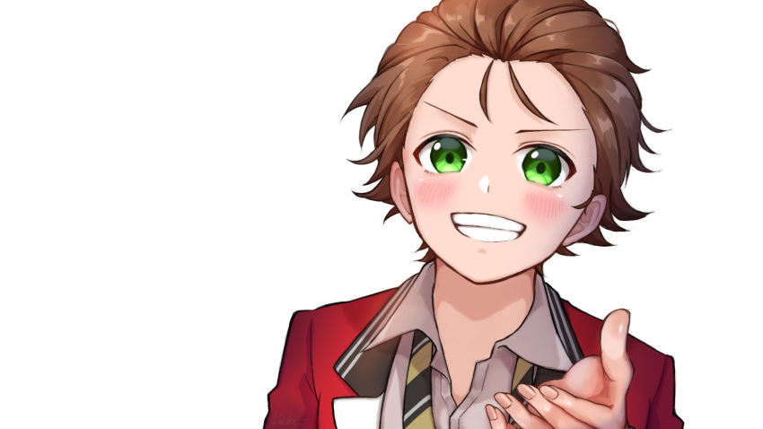 1boy blush brown_hair commentary_request formal green_eyes hatoka_ra5 highres male_focus necktie red_suit shirt simple_background smile solo suit teeth urashimasakatasen uratanuki utaite white_background