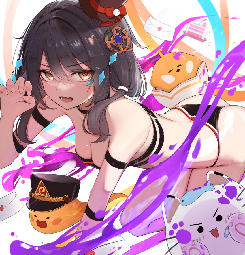 absurdres all_fours arm_strap ass bad_id bad_pixiv_id bare_shoulders belt_bra bikini black_bikini black_choker black_hair breasts canizzz chest_belt choker claw_pose cleavage elsword eve_(2nas)_(elsword) eve_(elsword) facial_mark female hair_ornament hat highres long_hair looking_at_viewer mini_hat mini_top_hat moby_(elsword) oerba_yun_fang open_mouth orange_eyes remy_(elsword) small_breasts solo strapless strapless_bikini string_bikini sweatdrop swimsuit thighs top_hat v-shaped_eyebrows