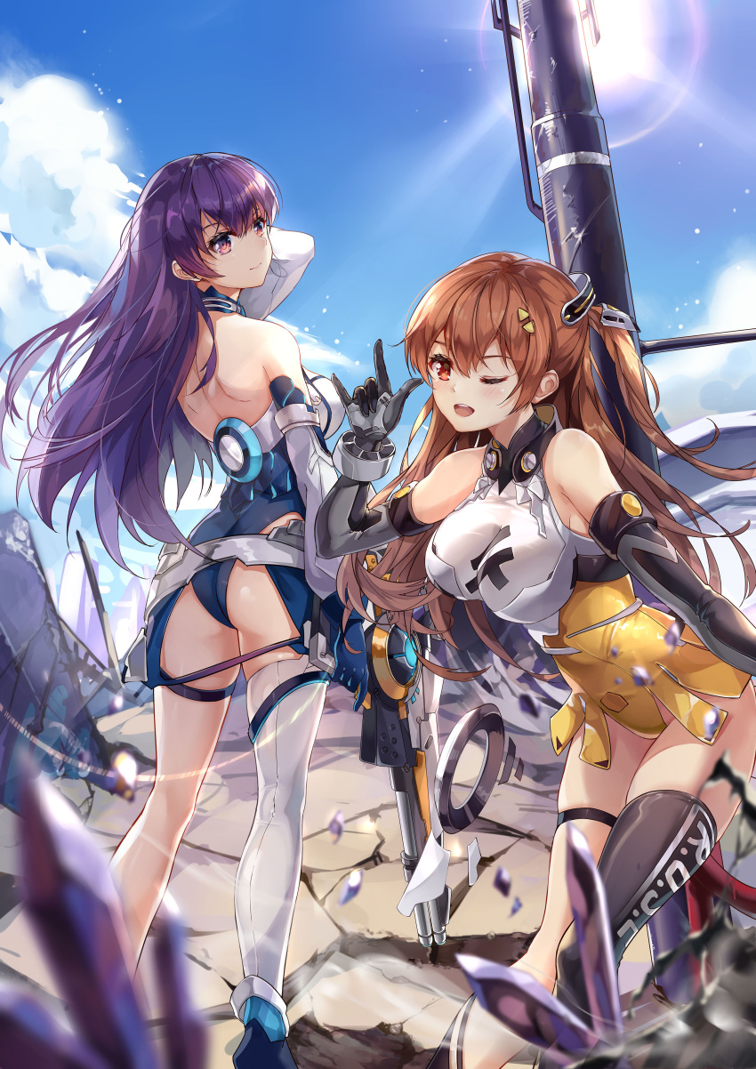 2girls absurdres armor armored_leotard ass asymmetrical_legwear bare_shoulders blush breasts brown_eyes brown_hair cleavage day elbow_gloves girl_cafe_gun gloves gun hair_between_eyes hand_up highres holding holding_gun holding_weapon irene_white_(girl_cafe_gun) large_breasts leotard long_hair multiple_girls one_side_up outdoors photoshop_(medium) shi_wuxia shoulder_blades single_thighhigh skindentation thigh_strap thighhighs uneven_legwear weapon zomzomzomsauce