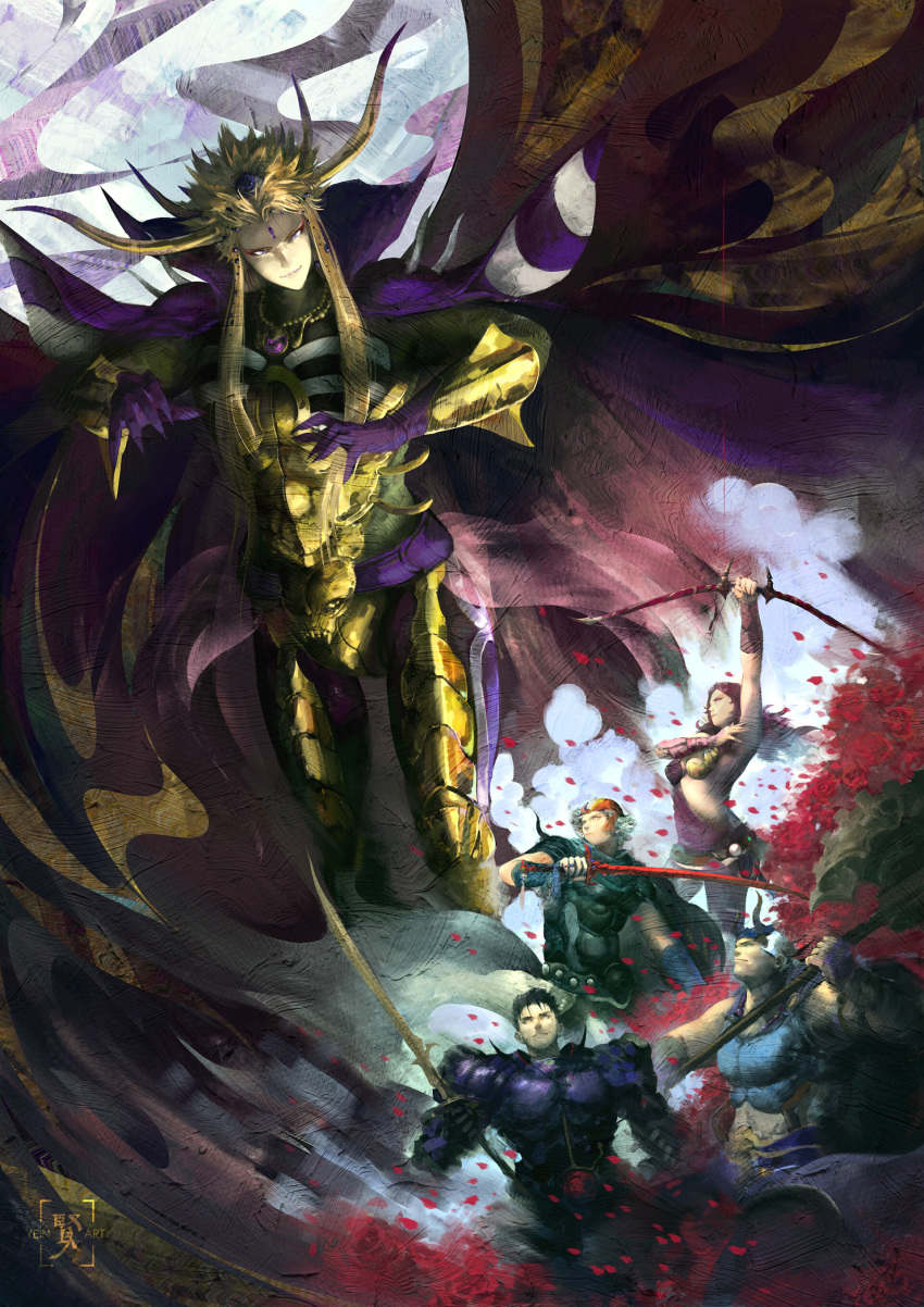 4boys absurdres armor asymmetrical_clothes axe blonde_hair bow_(weapon) cape edward_tsang emperor_(ff2) fake_horns female final_fantasy final_fantasy_ii firion grey_hair guy_(ff2) helmet highres horned_helmet horns leon_(ff2) long_hair maria_(ff2) multiple_boys petals purple_hair rose_petals serious sleeveless smile sword weapon