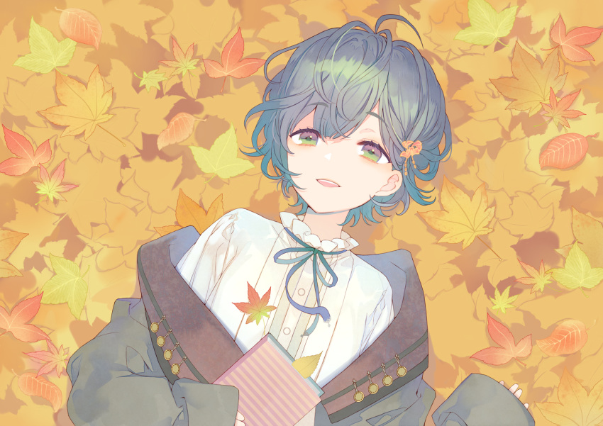 ahoge androgynous autumn autumn_leaves book coat commentary_request female frilled_shirt_collar frills green_eyes green_hair grey_coat hair_between_eyes hair_ornament holding holding_book kuroyuki leaf leaf_background looking_at_viewer lying maple_leaf messy_hair neck_ribbon off_shoulder on_back original parted_lips ribbon shirt short_hair sleeves_past_wrists smile solo striped teeth upper_body upper_teeth_only white_shirt