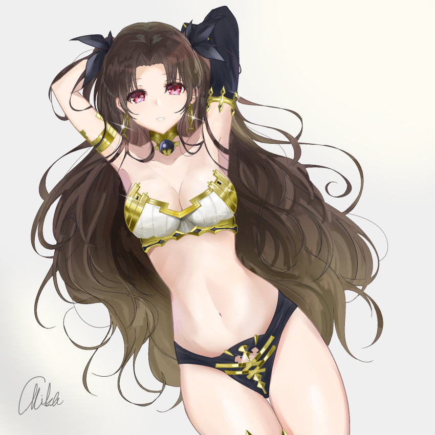 armlet armpits arms_behind_head asymmetrical_sleeves bad_id bad_pixiv_id black_panties black_sleeves bra breasts brown_hair cleavage commentary_request cowboy_shot curly_hair detached_sleeves earrings fate/grand_order fate_(series) female from_below highres ishtar_(fate) jewelry long_hair long_sleeves looking_at_viewer lying medium_breasts mikaduki_3636 navel on_back panties red_eyes signature single_sleeve solo sparkle strapless strapless_bra thigh_gap underwear underwear_only uneven_sleeves very_long_hair white_background white_bra