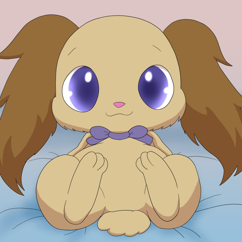 1:1 ambiguous_gender anthro bed bow_tie brown_body brown_fur chibi cotton_tail domestic_rabbit featureless_crotch floppy_ears fur furniture gradient_eyes hi_res improbable_(artist) io_(jewelpet) jewelpet lagomorph leporid looking_at_viewer lop_ears lop_rabbit male_(lore) mammal oryctolagus purple_eyes rabbit sanrio sega sega_fave semi-anthro simple_background smile solo spread_legs spreading