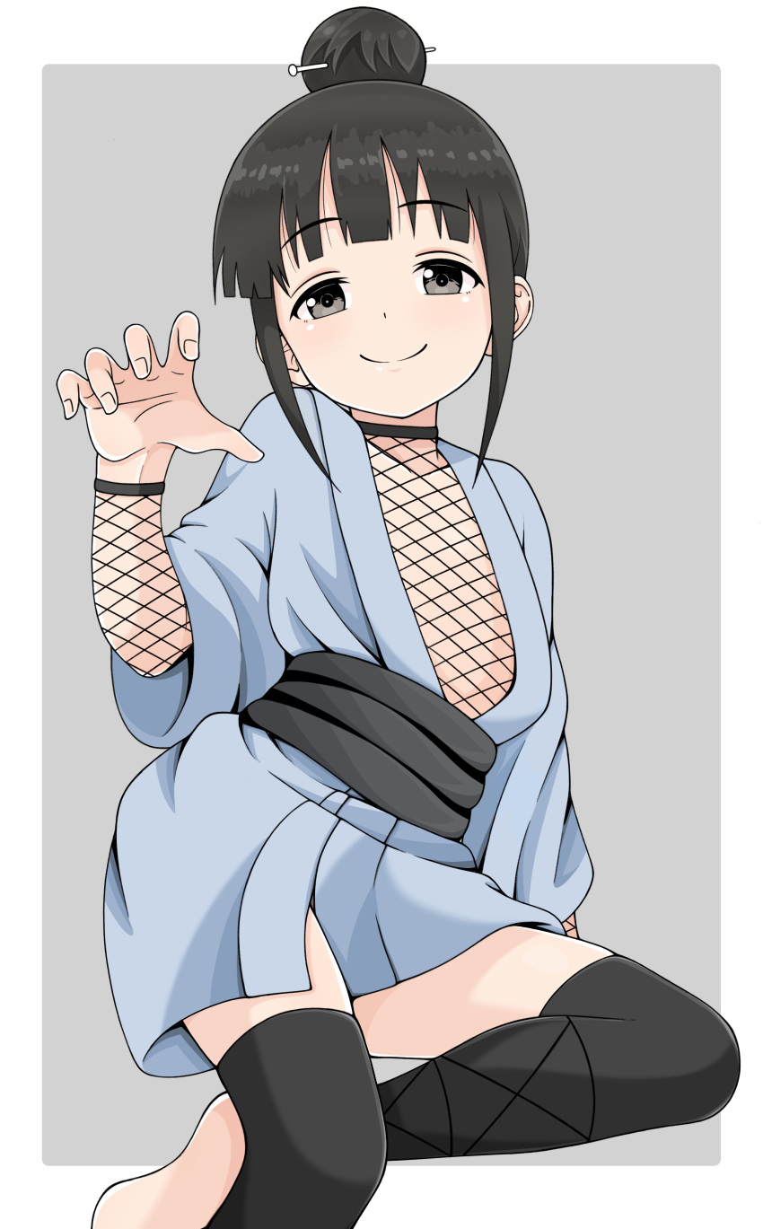 absurdres barefoot black_eyes black_hair black_thighhighs blue_kimono claw_pose commentary_request female fishnet_fabric fishnets hair_bun hair_ornament hair_stick highres ito_kashiwamochi japanese_clothes kimono kunoichi_tsubaki_no_mune_no_uchi looking_at_viewer medium_hair mokuren_(kunoichi_tsubaki_no_mune_no_uchi) ninja obi sash short_kimono single_hair_bun smile solo thighhighs toeless_legwear two-tone_background